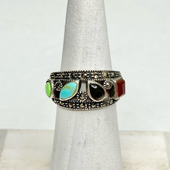 Sterling 925 Boho Marcasite Turquoise Blue Onyx Jasper Agate Ring Size 6 - Picture 3 of 14